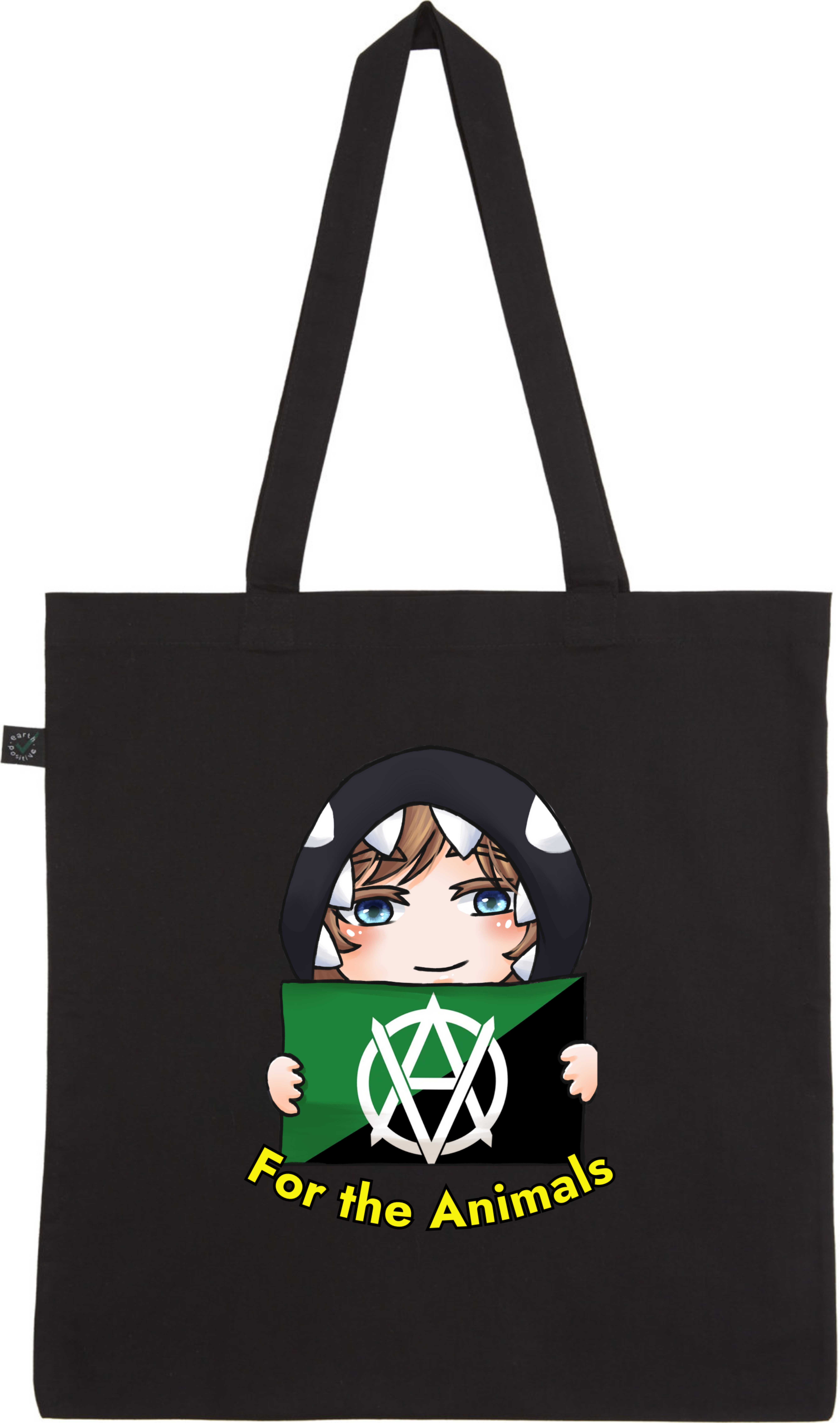 Schwarze Stofftasche mit einem bunten Comic-Motiv und dem Schriftzug „For the Animals“.