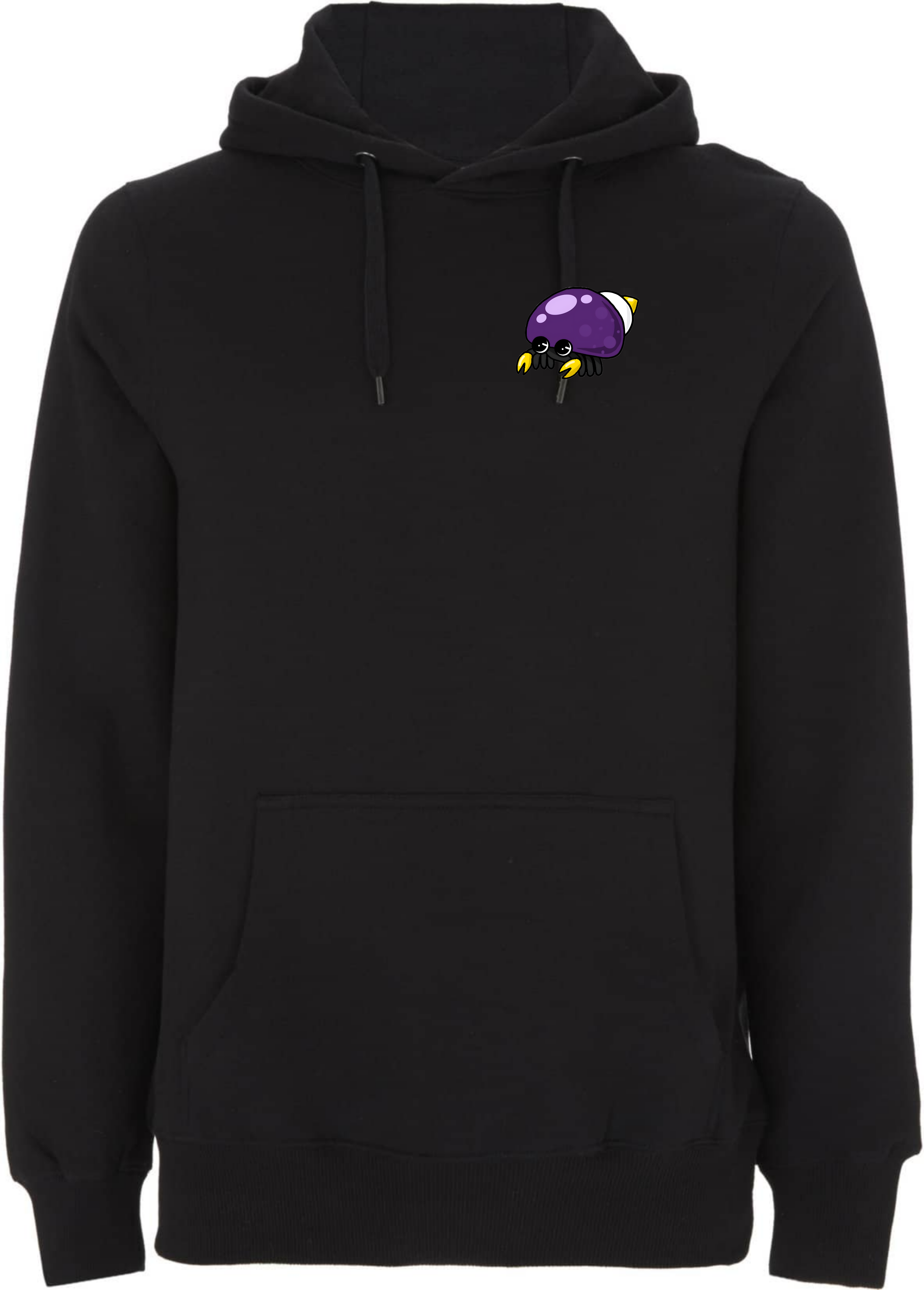 Schwarzer Hoodie mit einem farbenfrohen, cartoonhaften Spinnenmotiv auf der Brust.