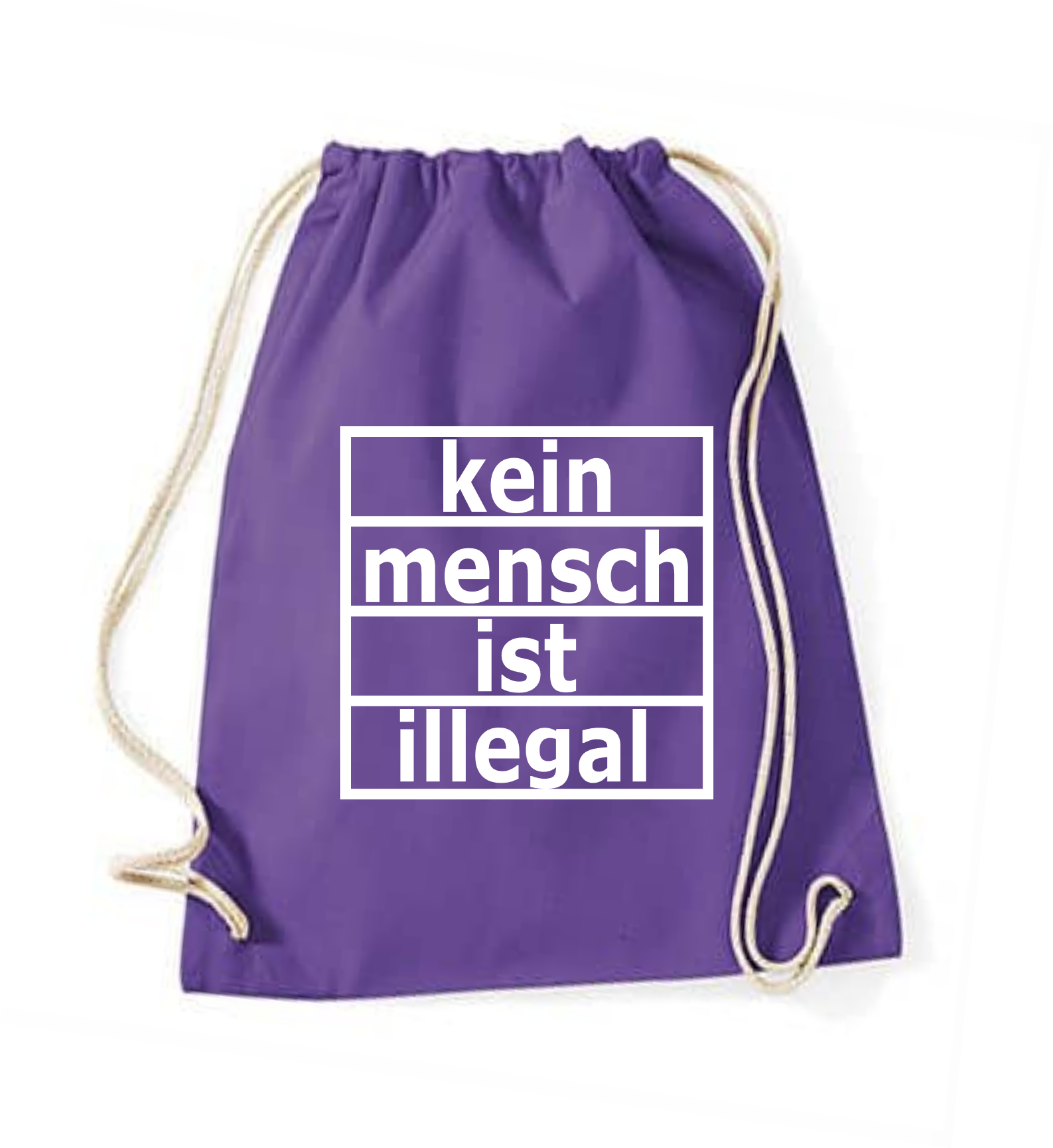 Lila Stoffbeutel mit dem weißen Aufdruck "kein mensch ist illegal".