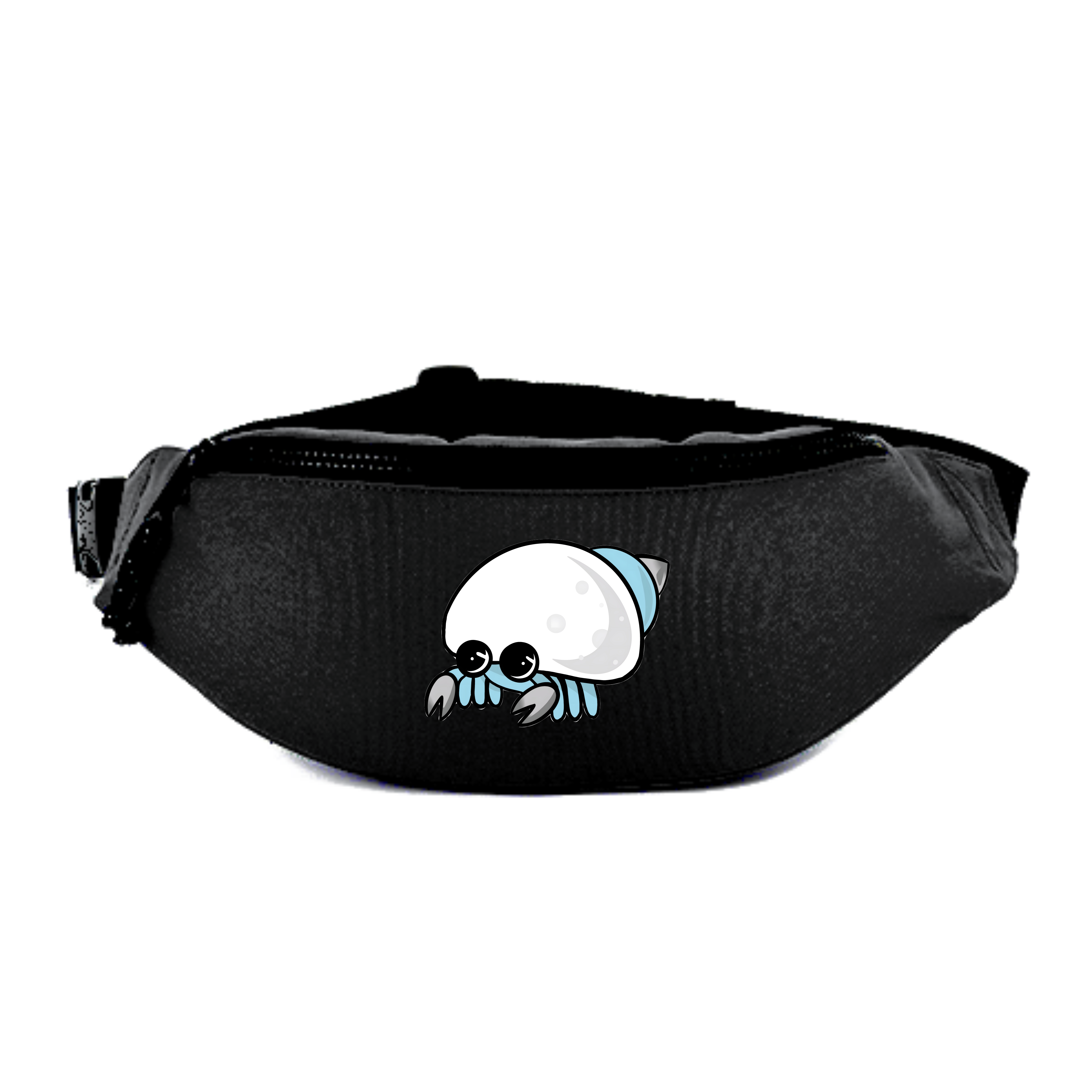 Schwarze Gürteltasche mit einem niedlichen, cartoonhaften Krabben-Design.