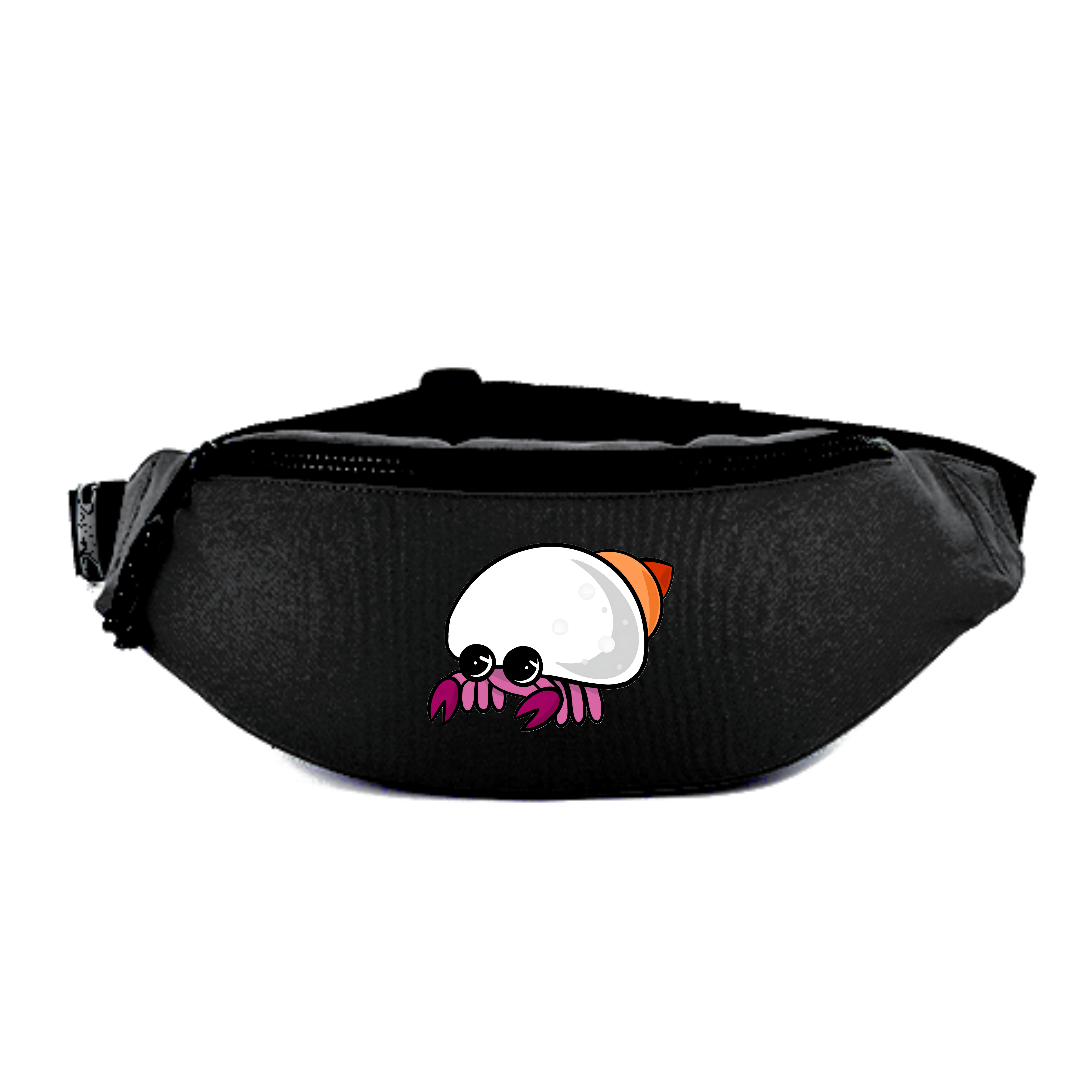 Schwarze Bauchtasche mit einem bunten, cartoonhaften Krebs-Motiv.
