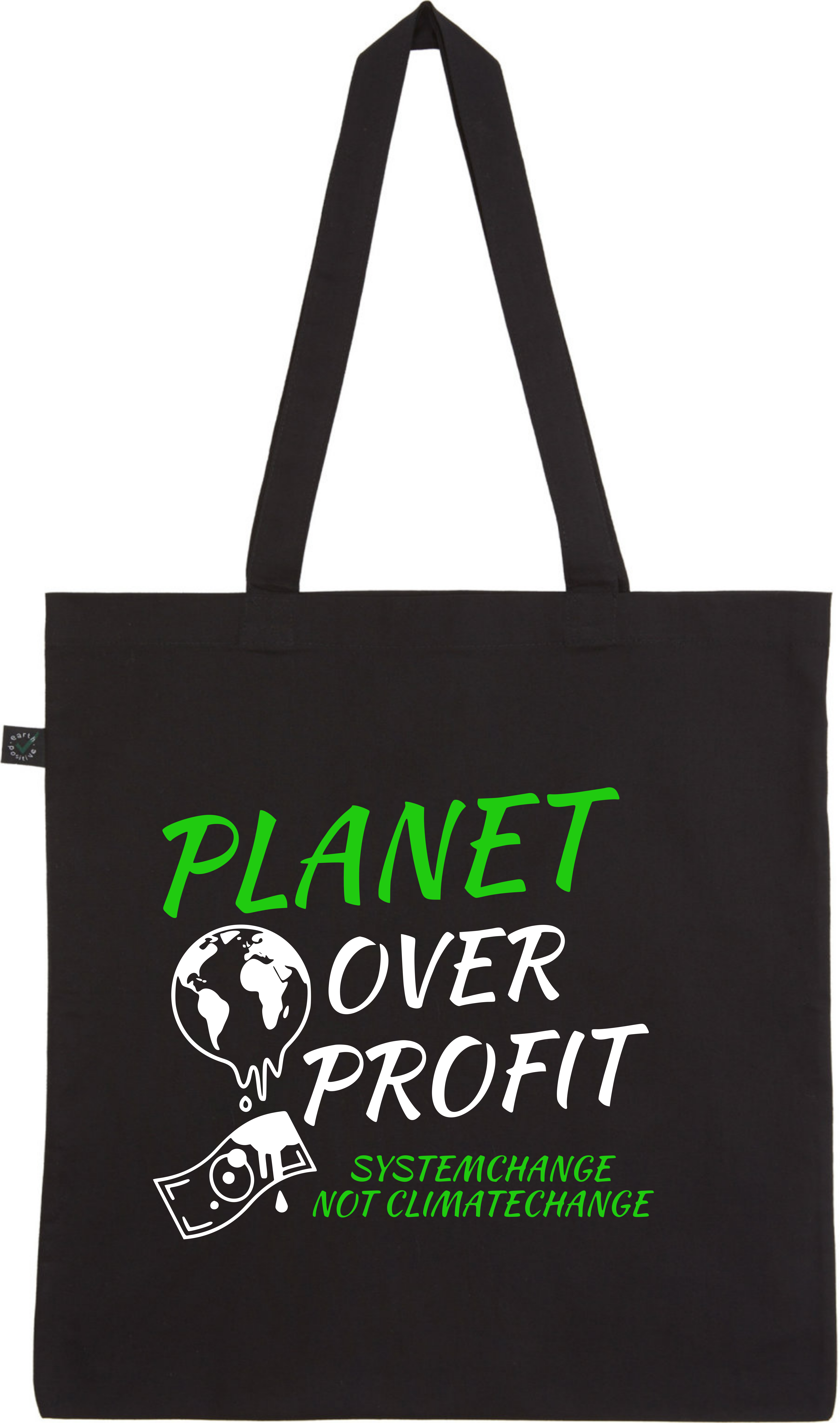 Schwarze Stofftasche mit dem Aufdruck "PLANET OVER PROFIT" und grafischen Elementen wie einer Erde und Geldschein.